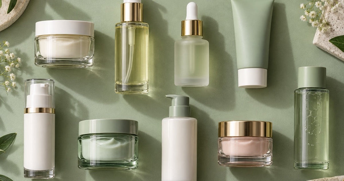 Nine cosmetic container types for indie skincare brands: jars, airless pumps, droppers and lotion bottles