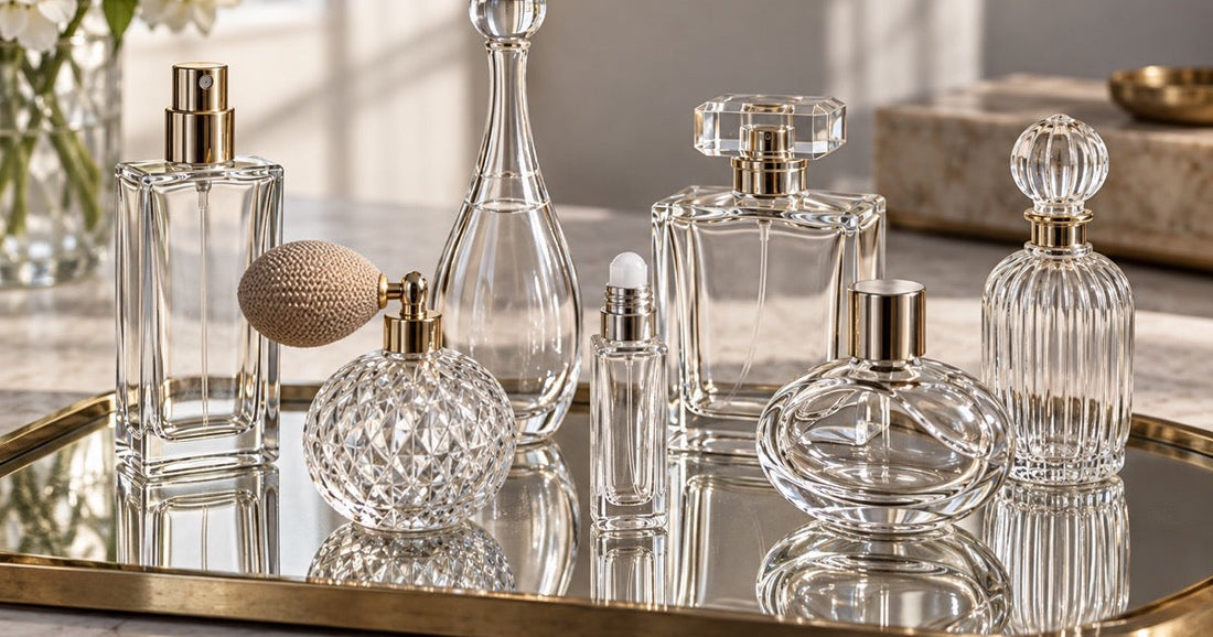Seven perfume bottle types for indie brands, glass spray, atomizer and roller bottles