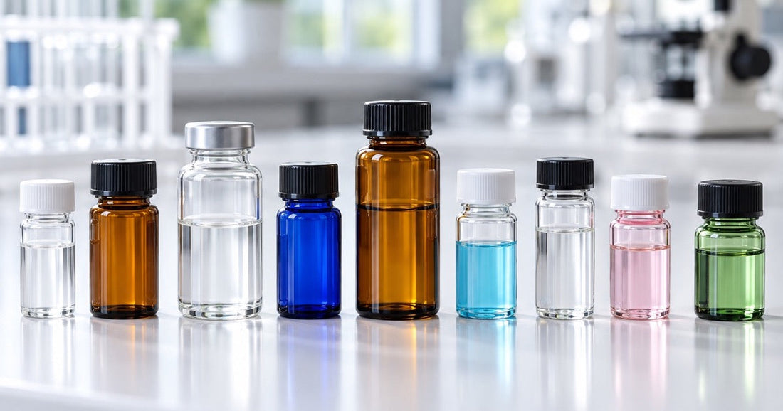 Seven types of glass vials compared by size, colour and cap, clear and amber glass vials